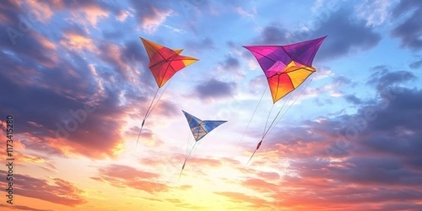 Fototapeta Vibrant Kites Dancing in a Dramatic Twilight Sky: Perfect for travel blogs, websites, and tourism publications