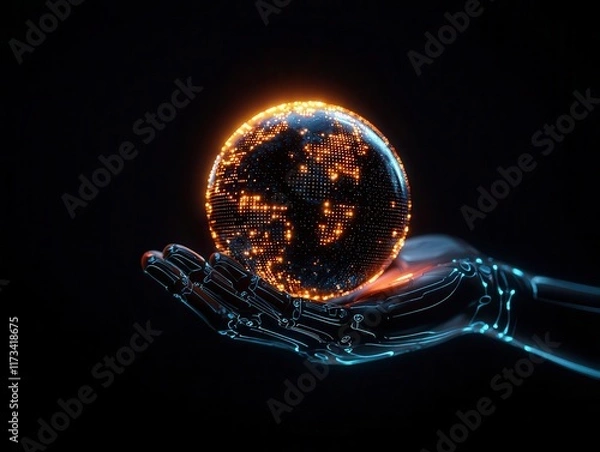Fototapeta Futuristic robotic hand holding a swirling globe of data insights, AI, machine learning world