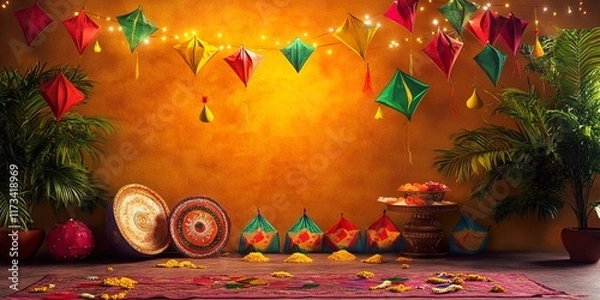 Obraz A Vibrant Makar Sankranti Photo Booth: Festive Kites and Tilgul Treats