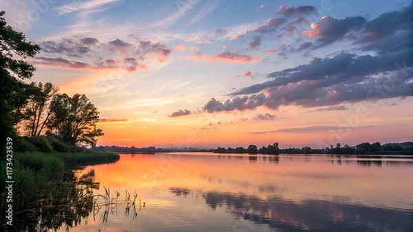 Fototapeta Tranquil Evening Sunset Over Calm Lake With Colorful Sky Reflections