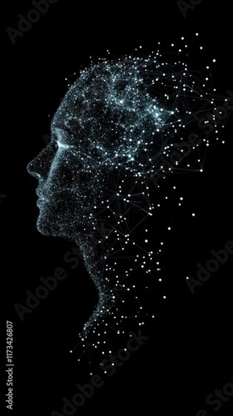 Fototapeta This captivating image showcases an abstract profile of a human face, composed of glowing particles and geometric designs, symbolizing creativity and technology.