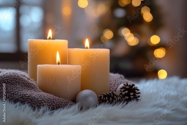 Fototapeta Warm and Cozy Atmosphere with Three Burning Candles Surrounded by Soft Textiles and Pinecones Creating a Serene Winter Mood with Bokeh Background Lights