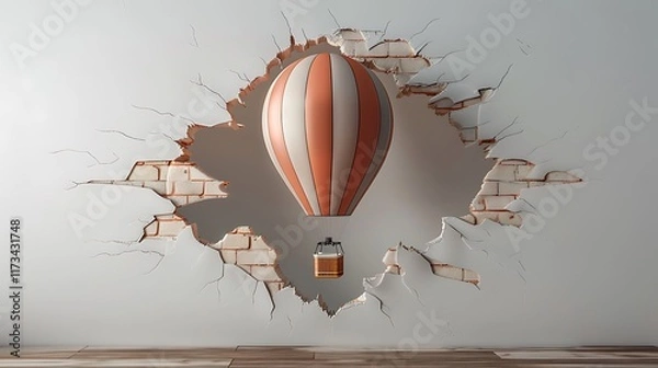 Fototapeta A 3D painting of a hot air balloon floating out of the wall, with a mockup at the center. full ultra hd, high resolution
