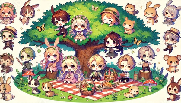 Fototapeta Charming Group Picnic With Adorable Characters Under a Shady Tree