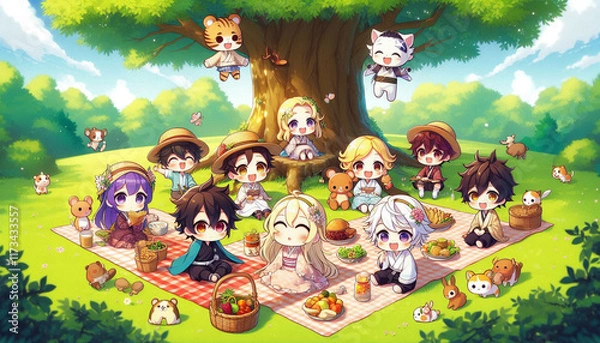 Fototapeta Charming Group Picnic With Adorable Characters Under a Shady Tree