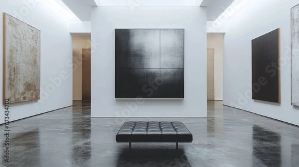 Obraz Modern art gallery interior, featuring abstract paintings on white walls, and a black bench in a spacious hall.