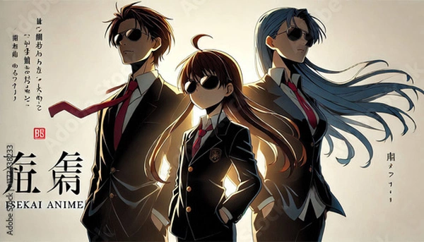 Fototapeta Stylish Animated Trio With Sunglasses in Elegant Suits Highlighted Dramatically