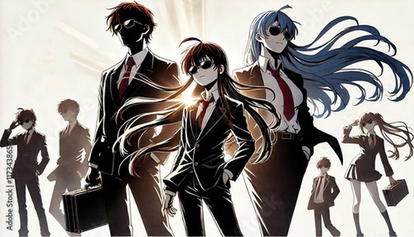 Fototapeta Stylish Animated Trio With Sunglasses in Elegant Suits Highlighted Dramatically