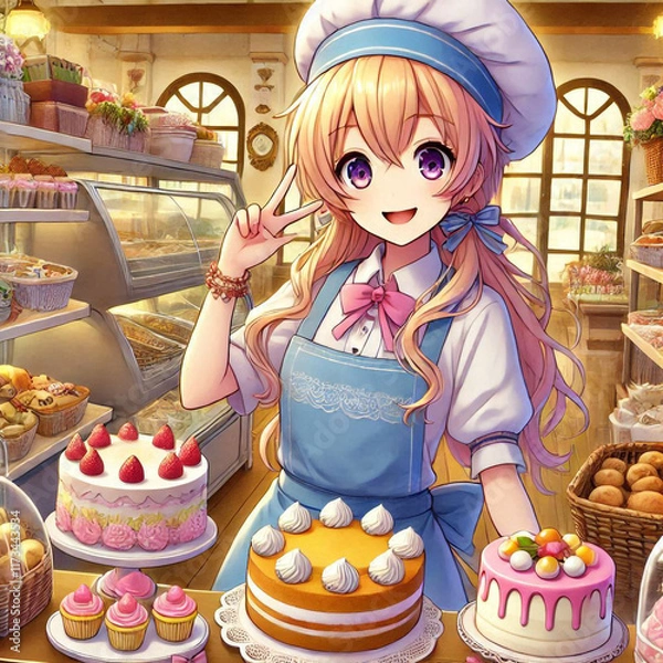 Fototapeta Charming Bakery Display with Pastry Chef Showcasing Delightful Cakes and Desserts