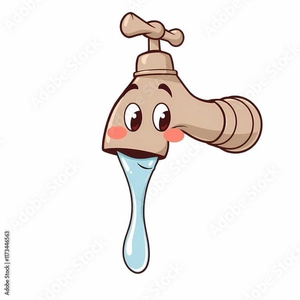 Fototapeta Cute Faucet Cartoon: A charming and whimsical cartoon faucet with a friendly face and blushing cheeks, drips with a sparkling stream of water. Perfect for illustrating water conservation, plumbing.