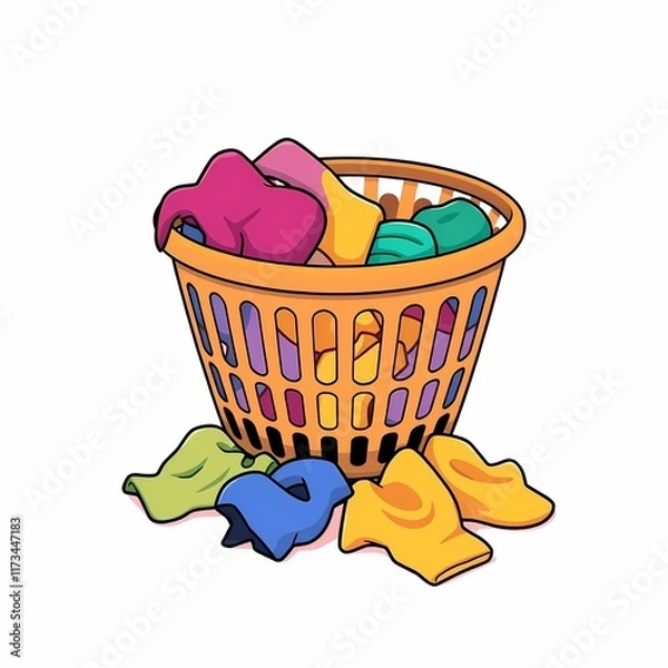 Obraz Laundry Day Illustration: A cheerful cartoon illustration of a laundry basket overflowing with colorful clothes, capturing the essence of domestic life and household chores.  
