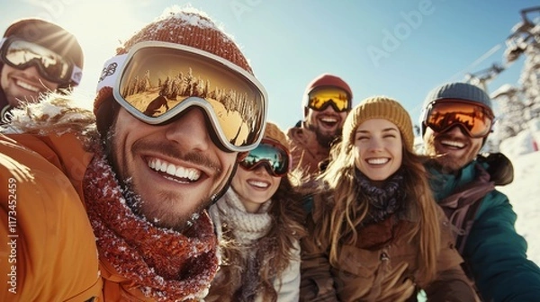 Fototapeta A cheerful group of friends in winter gear smiles for a selfie against a snowy landscape, showcasing their enjoyment of skiing or snowboarding.