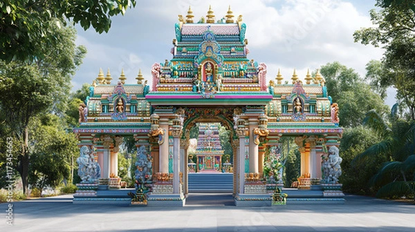 Fototapeta Artwork Featuring a Beautifully Decorated Temple with Vibrant Colors and Artistic Elements, Set Against a Serene Background of Trees and a Clear Sky to Invite Exploration of Its Spiritual Essence