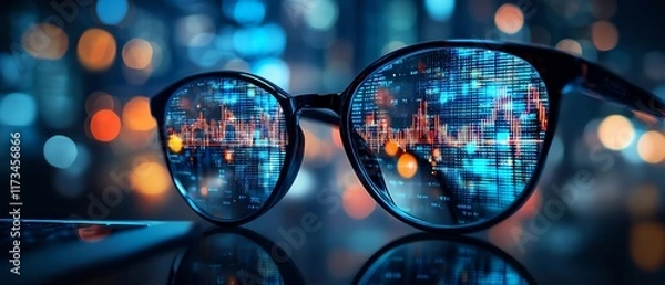 Fototapeta Financial trade and stock market concept, close up of eyeglasses, smartphone, and laptop with glowing blue forex chart, blurry background, double exposure, growth visualization