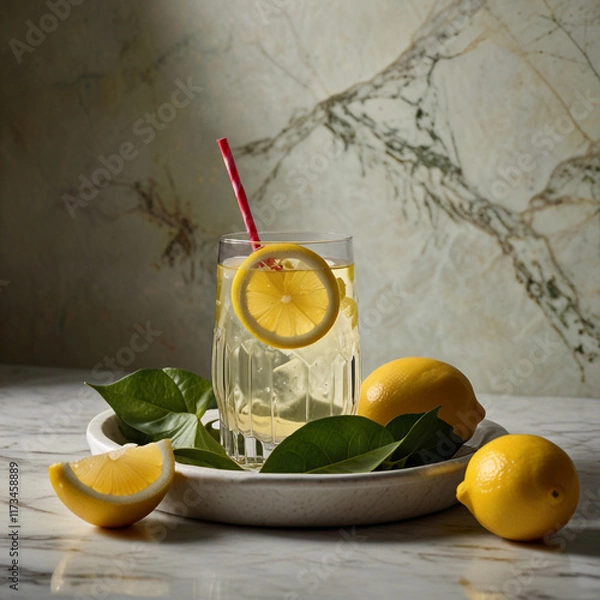 Fototapeta Fresh orange juice in glass cup next to a sliced orange