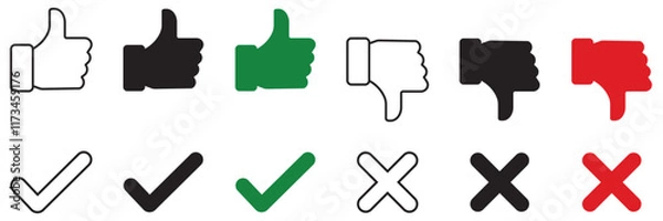 Fototapeta Thumb up, down, tick, and cross icon set