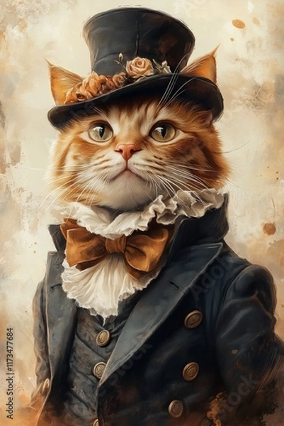 Fototapeta Dapper orange tabby cat in victorian attire with top hat and bowtie