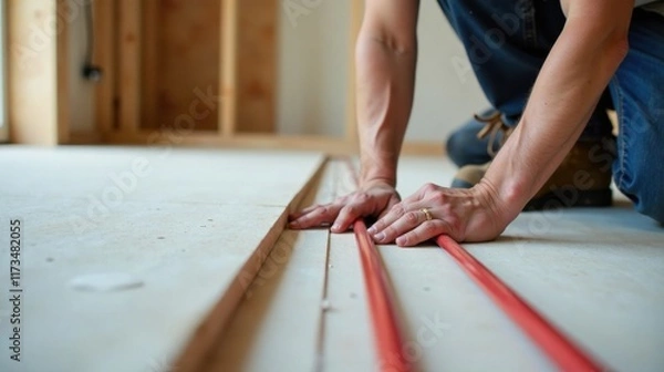 Fototapeta Close-up of hands installing radiant floor heating system during home construction