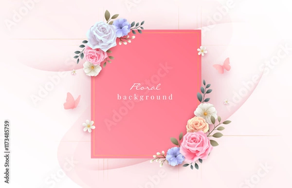 Fototapeta Modern floral greeting or invitation card design for valentines, mothers day, wedding, and women day celebration. Vector template illustration.