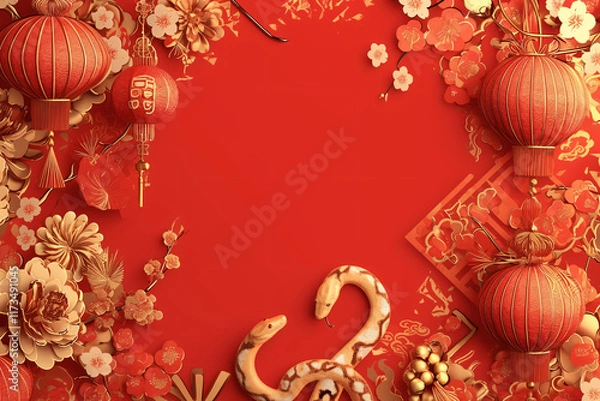 Obraz Festive Chinese New Year template showcasing a vibrant red background, golden frame, lantern, snake-inspired floral accents, and a central blank space for copyspace