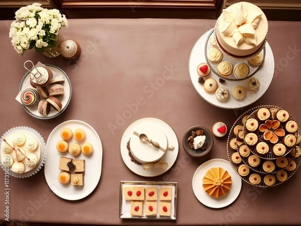 Fototapeta A beautiful arrangement of assorted wedding cakes in a flat lay top view, dessert table, reception, bakery