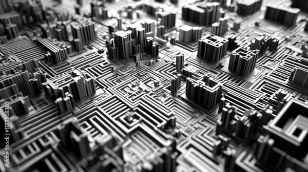 Obraz A computer generated image of a city with many buildings and a lot of wires. The buildings are all different shapes and sizes