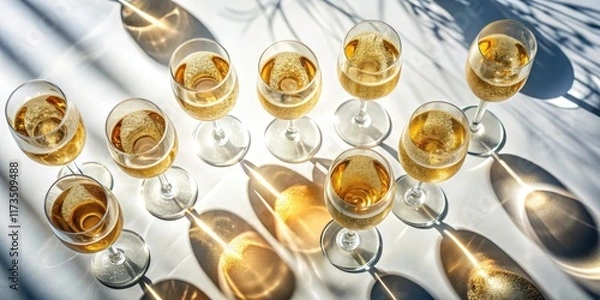 Fototapeta Elegant champagne glasses, sharply defined, hover against a stark white background in a modern aerial shot.