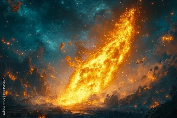 Fototapeta Dramatic eruption of fiery lava illuminating a surreal cosmic landscape at night