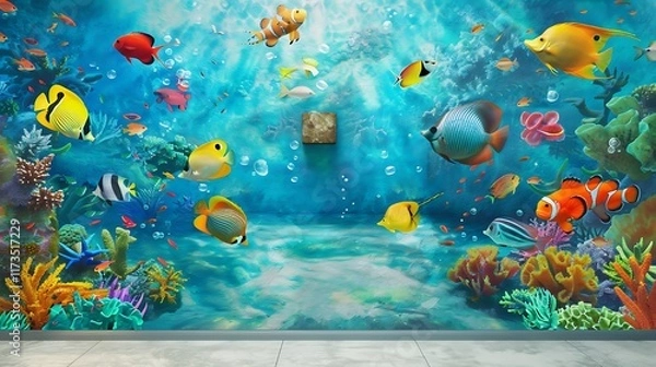 Obraz A 3D painting of an underwater scene with colorful fish, with a mockup at the center of the wall. full ultra hd, high resolution