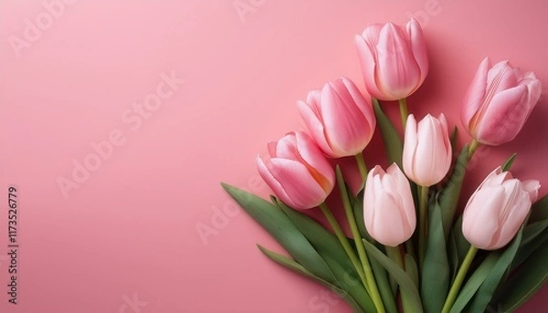 Fototapeta tulips bouquet on pink background with copy space wallpaper