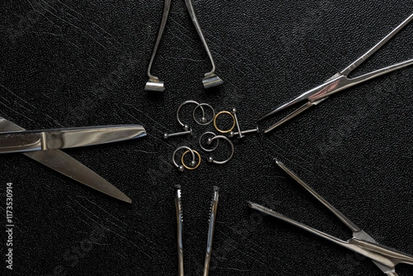 Obraz Pinzas y joyas de piercing en mesa