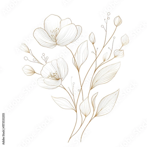 Fototapeta Minimalist gold line art of elegant flowers and leaves on transparency background, showcasing sophistication and beauty in simple design. Perfect for modern decor