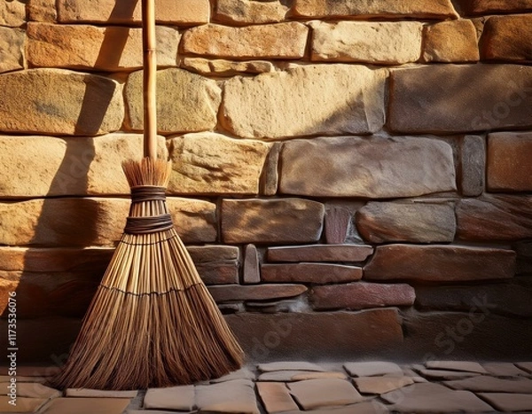 Fototapeta vintage broom made of natural materials stands against a textured stone wall in soft sunlight