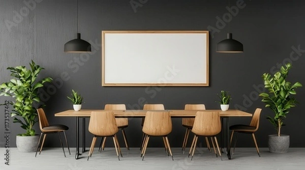 Fototapeta Hybrid office and meeting room with flexible wooden furniture and smart boards, fostering collaboration, smart and charming concept