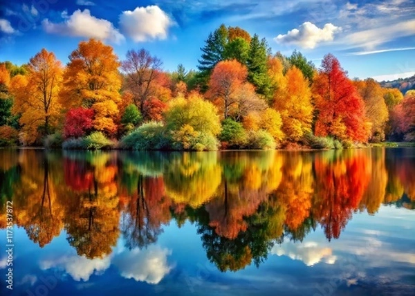 Fototapeta Serene Autumn Reflection: Trees Mirrored in Calm Water - Stock Photo