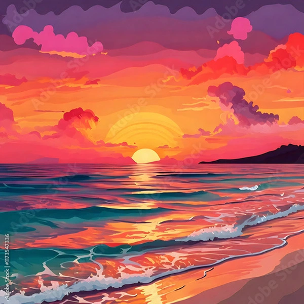Obraz As the sunset over the horizon on a sunny Miami evening, the panoramic view with the vibrant colors of sunset casts a warm glow over the sparkling water, creating a breathtaking scene illustration
