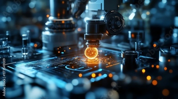 Fototapeta A close-up view of advanced technology featuring a glowing sphere and intricate machinery, highlighting the fusion of innovation and precision.