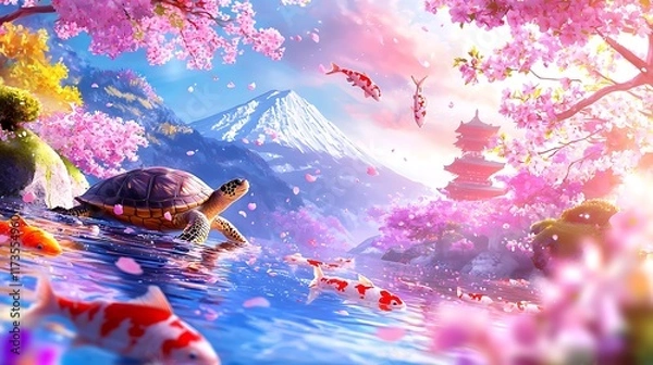 Obraz Serene Japanese landscape with Mount Fuji, cherry blossoms, koi fish, and turtle.