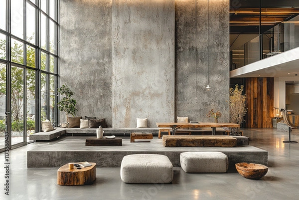 Obraz Modern loft lobby with seating, concrete walls, large windows, and outdoor view