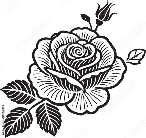 Obraz Rose icon vector design with a white background.is a high-quality graphic design file featuring a striking illustration of a rose bud rendered entirely in black. This design captures the elegant 
