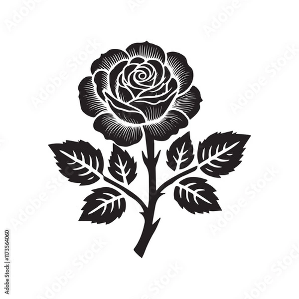 Obraz Rose icon vector design with a white background.is a high-quality graphic design file featuring a striking illustration of a rose bud rendered entirely in black. This design captures the elegant 