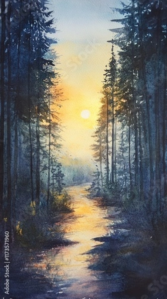 Fototapeta A serene watercolor scene depicting a gentle river meandering through a tranquil forest at sunrise. The soft light creates a soothing atmosphere.