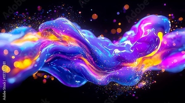 Fototapeta Abstract vibrant blue, purple, and orange liquid flowing in a wave-like pattern on black background with glowing particles.
