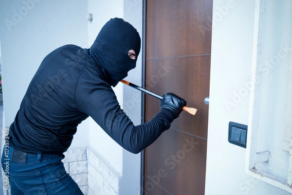 Obraz Burglar trying to force a door lock using a crowbar