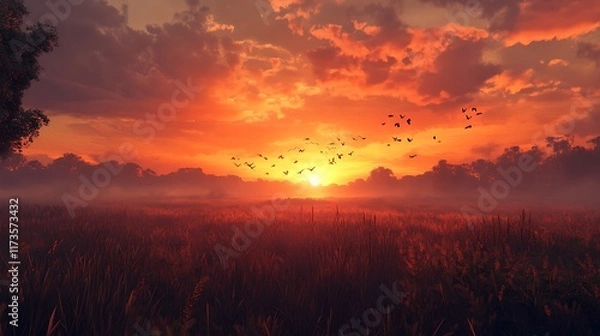 Fototapeta A serene sunset over a grassy field with birds flying in the vibrant sky.