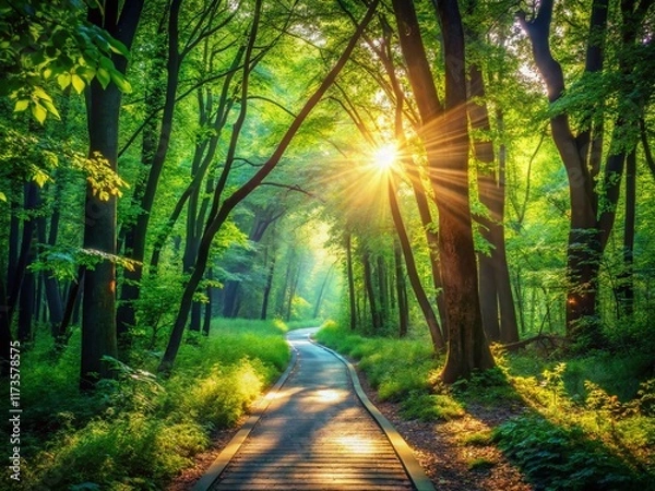 Obraz Sunlit Walkway Through Lush Green Forest with Bokeh Effect - Nature Stock Photo