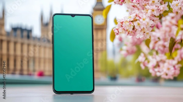 Fototapeta A smartphone displays a bright green screen while positioned in front of London's clock  Big Ben  tower and vibrant cherry blossoms on a sunny day