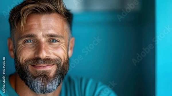 Fototapeta A friendly man smiles warmly against a blue indoor background. His approachable demeanor and the serene color palette suggest kindness and a positive spirit.