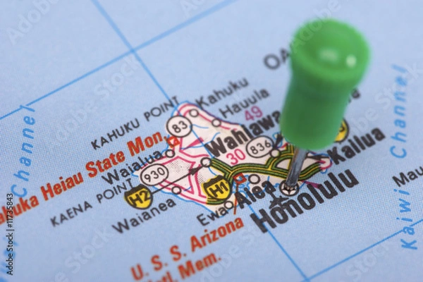 Fototapeta Pushpin marking location on map; selective focus