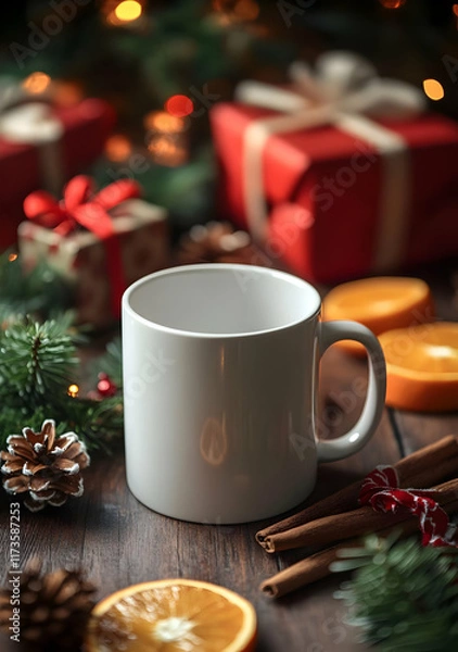Fototapeta A white mug sits on a rustic wooden table, surrounded by Christmas decorations, including presents, pine cones, orange slices, and cinnamon sticks.  Warm, festive lighting creates a cozy atmosphere.
